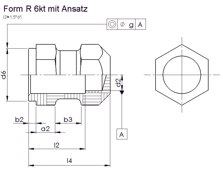 Gewindeeinsatz Form R 6kt mit Ansatz nach DIN 16903